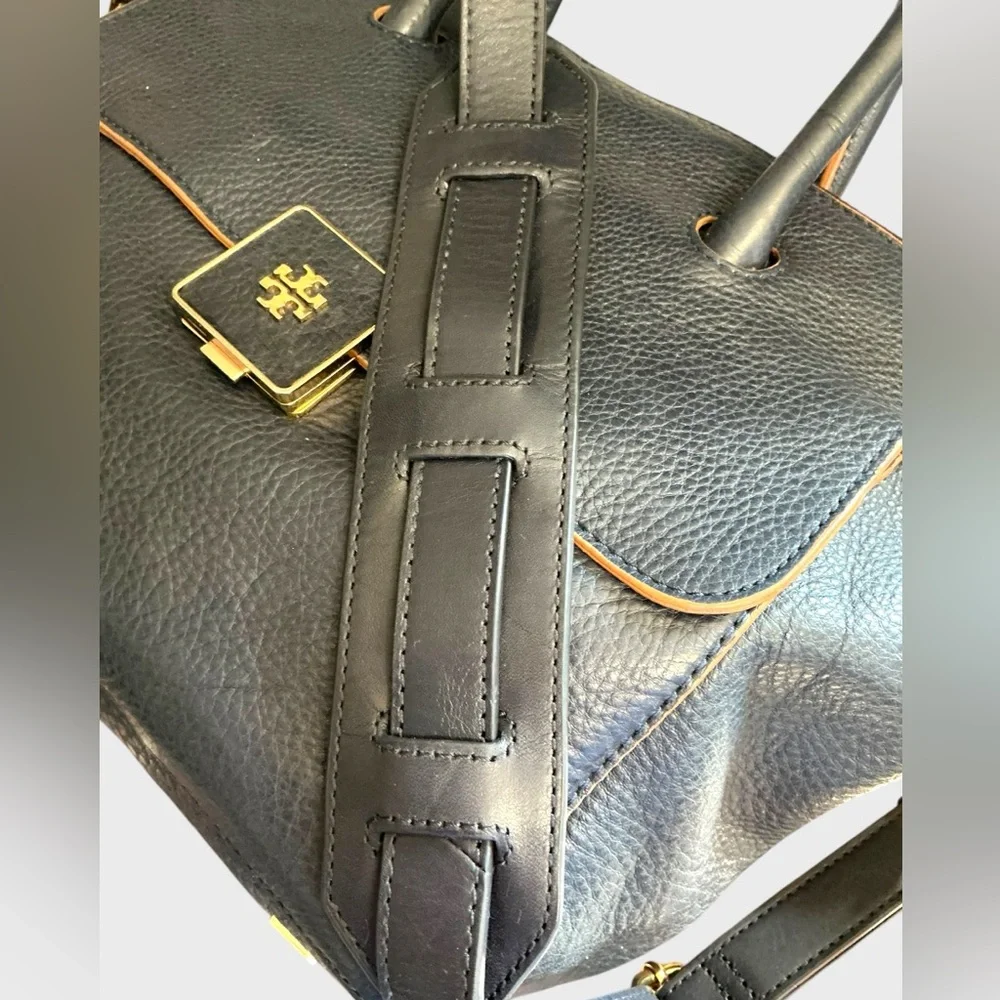 Tory Burch Clara Leather Satchel Navy Tan Trim Shoulder Strap